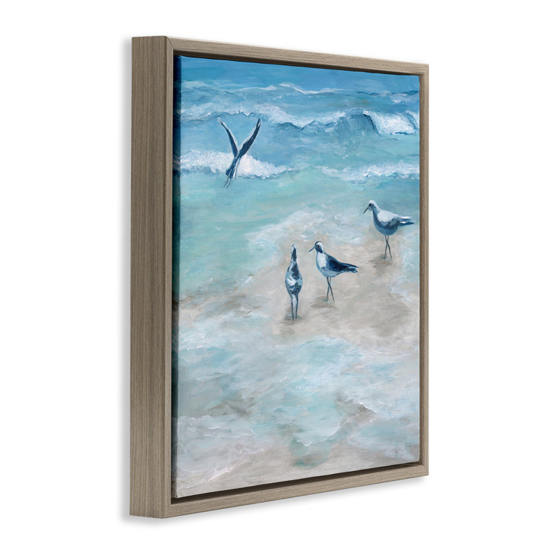 Mouettes côtières sur la plage, H 25 po x l 25 po, Cadre flottant orme Montalcino