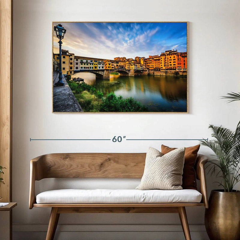 Ponte Vecchio, paysage fluvial, 46 po x 31 po, Cadre flottant en bois naturel