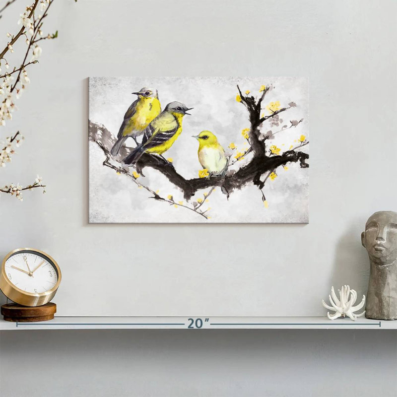 Canaris sur une branche sur toile, H 8 po x l 12 po x P 1 po