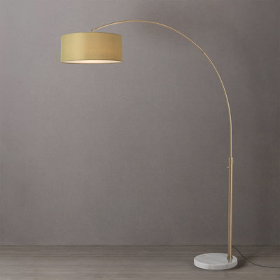 Float 92" Arc Lamp - Weathered Brass Steel, White Marble Base, Avocado Linen Drum Shade, Dimmable, Bulb Included