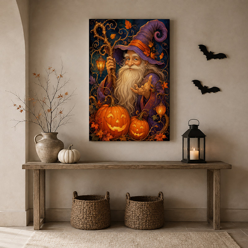 Toile mauve mauve avec lanterne rougeoyante et art mural d'Halloween, H 30 po x l 20 po