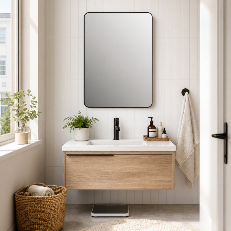 Miroir de salle de bain 24 po x 32 po noir, miroir de coin mural en métal, 24" x 32"