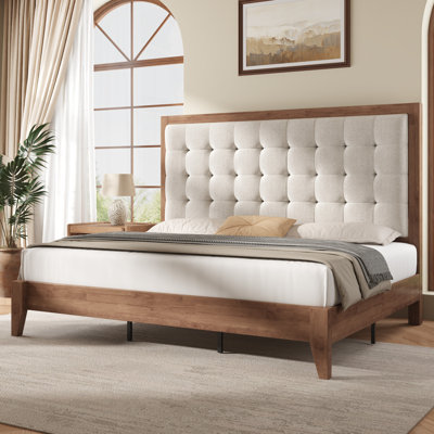 Behka Queen Solid Wood Platform Bed with Upholstered Tufted Headboard,Walnut