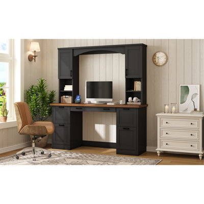 Bureau d'ordinateur On-Trend Farmhouse avec huche, poste de travail Mid-Century en noyer avec station de charge et plateau pour clavier, bureau d'écriture tout-en-un avec tiroir pour bureau, noir