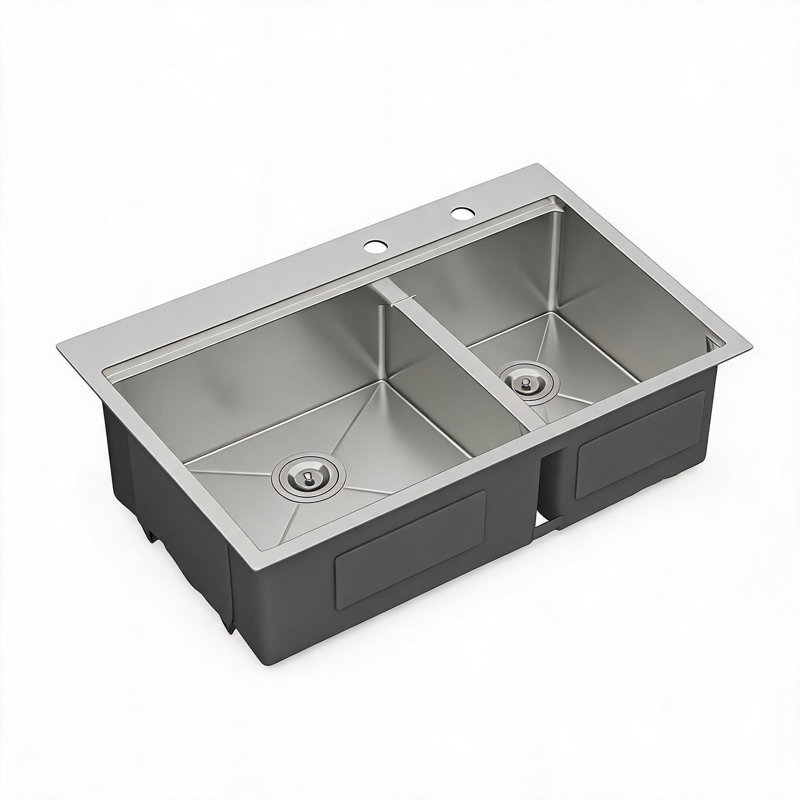 33 inch Brushed Nickel Stainless Steel Topmount Drop In Double Bowl Kitchen Sink with 10 Inch Deep Basins
