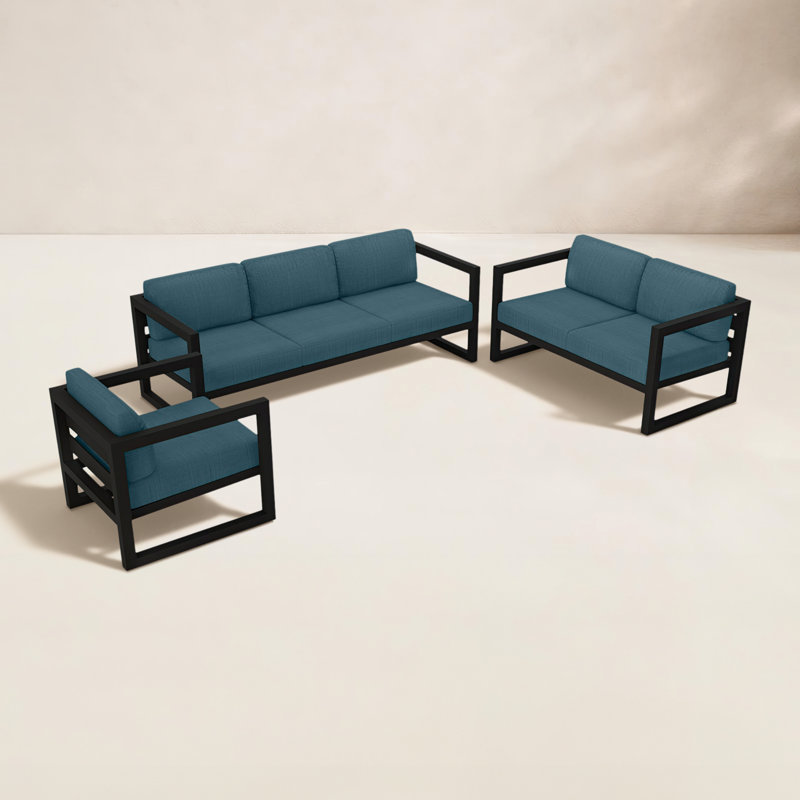 Avion 3 Piece Sofa Loveseat Set, Canvas Charcoal Sunbrella® Canvas, Black