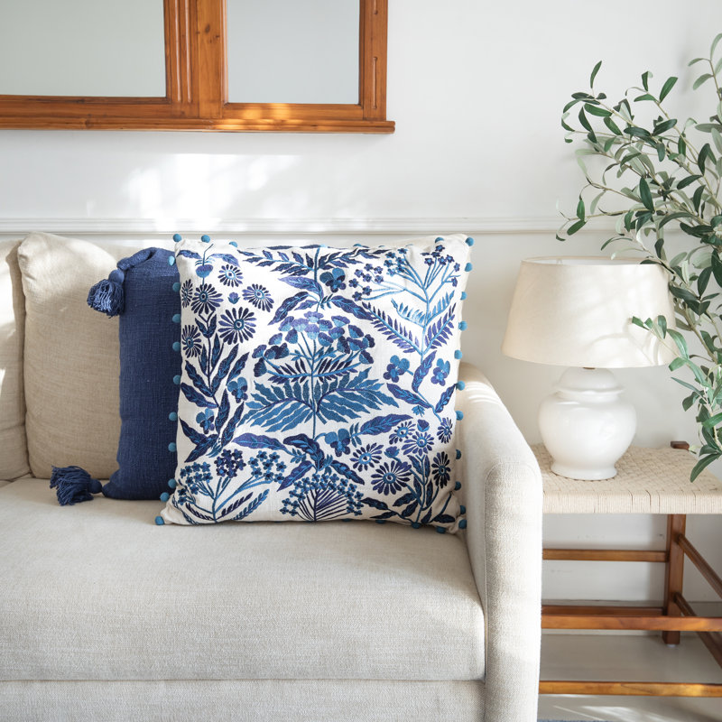 Navy and Off-White Bohemian Floral Square Throw Pillow