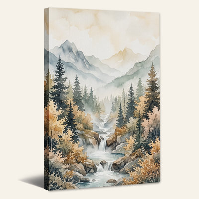 «Misty Mountain Waterfall in Autumn Forest», art mural sur toile