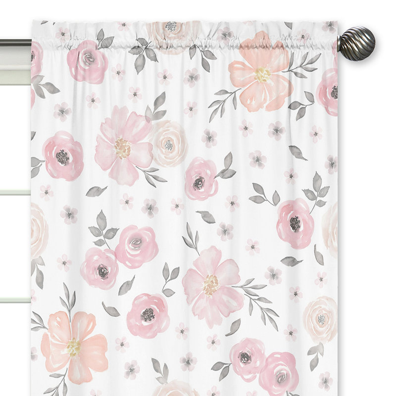 White and Pink Floral Polyester Kids Window Curtain Panels