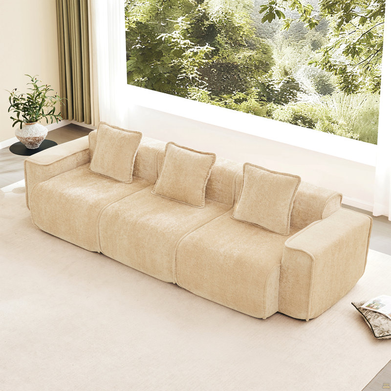 Canapé modulaire à 3 sièges profonds avec passepoil à bordure française, sans assemblage requis, canapé modulaire moderne à 3 places avec coussins décoratifs, tissu velours clair chameau