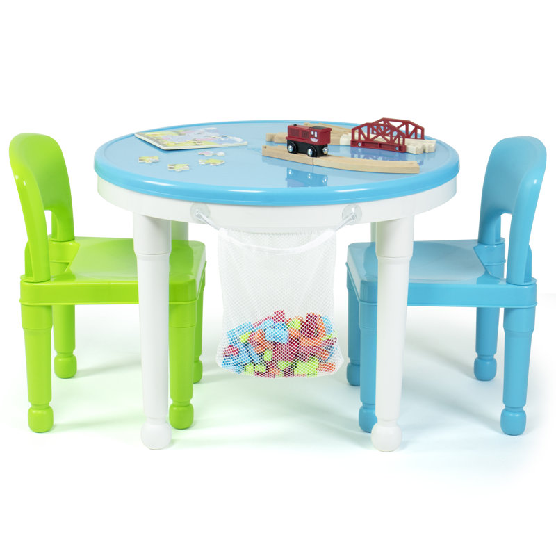 Kids 3 Piece Round Play Or Activity Table and Chair Set, Sky Blue/ White