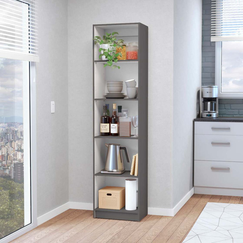 Bibliothèque mince avec cinq tablettes de rangement pour organiser et décorer votre espace, Gris / Blanc