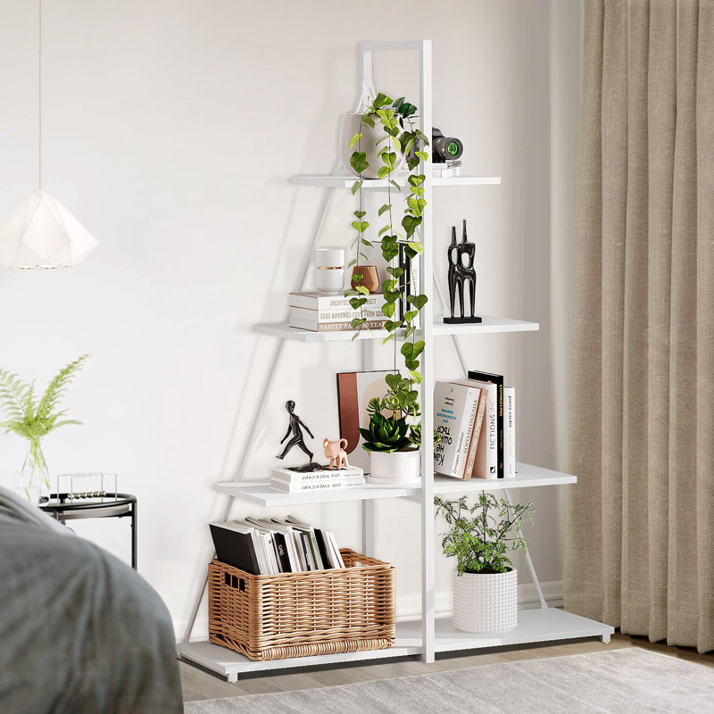 4-Tier Ladder Bookshelf, A-Frame Sailboat Style Bookcase, Freestanding Open Display Shelf for Living Room or Office, White