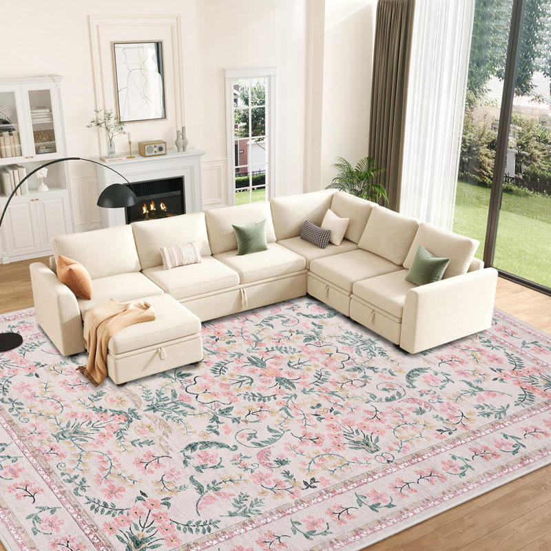  Washable Area Rug, Boho Floral Soft Rugs for Living Room, Non Slip Low Pile Carpet for Bedroom, Dining Room, Nursery, Hallway, Pink