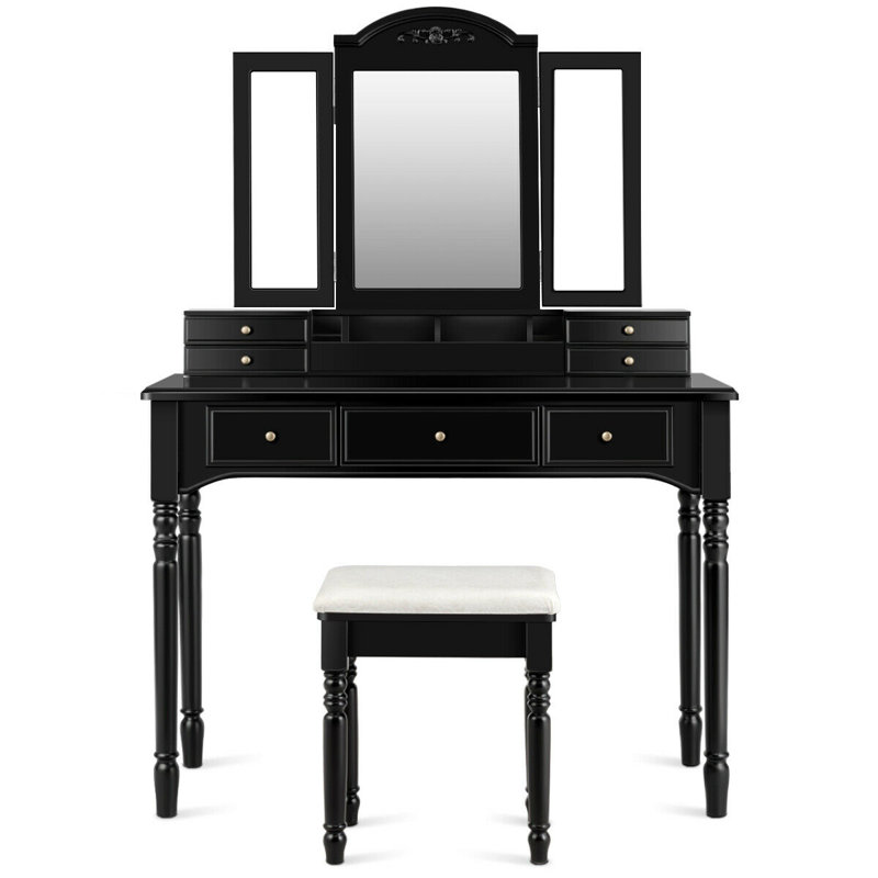 Ensemble de coiffeuse avec tabouret et miroir, Noir