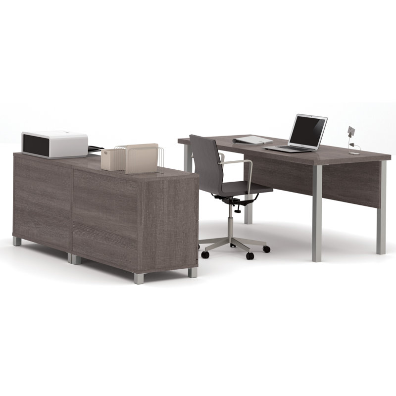 Oriano Office Set with Metal Legs, Bark Gray, 2-Piece (1 Desk, 1 Credenza)