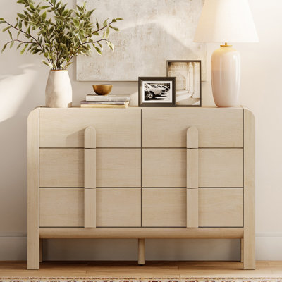 Mid Century Modern 6 Drawer Dresser For Bedroom, Wide Chest Of Drawers With Curved Profile Design, Wood Closet Clothes Storage Organizer For Bedroom,