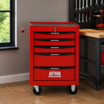 Coffre à outils roulant en métal avec 5 tiroirs, armoire à outils à 5 tiroirs de 20 po avec glissières à roulement à billes, coffre à outils en acier - rouge et noir