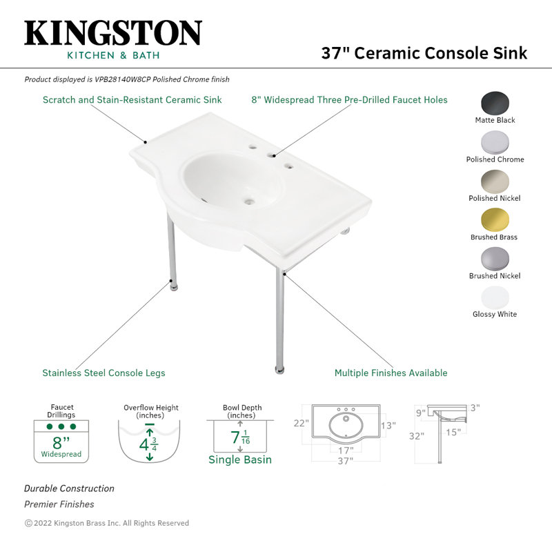 Lavabo de salle de bain console en céramique avec trop-plein, Blanc / nickel poli