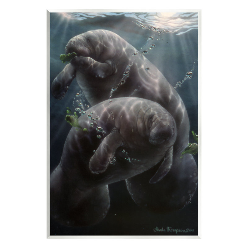 «Au-511-Giclee Snack Time Manatees Underwater» par Linda Thompson, peinture, Giclée encadrée noir minuit
