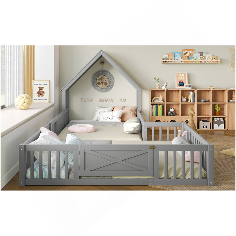 Lit double pleine grandeur, lit double double avec porte et garde-corps pleine longueur, conception multifonctionnelle, gris