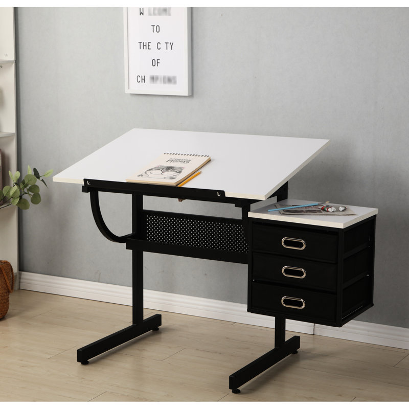 Table à dessin blanche avec 3 tiroirs et tabouret, robuste pour les expressions artistiques réglables et blanches, créations variées