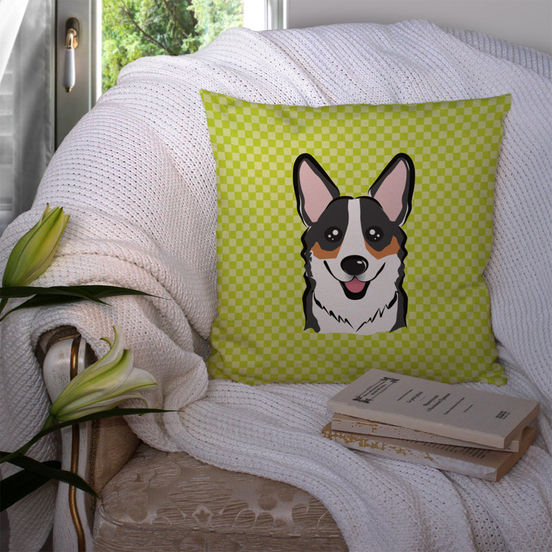 Coussin décoratif intérieur/extérieur corgi damier, H 18 po x l 18 po x P 5,5 po, Vert