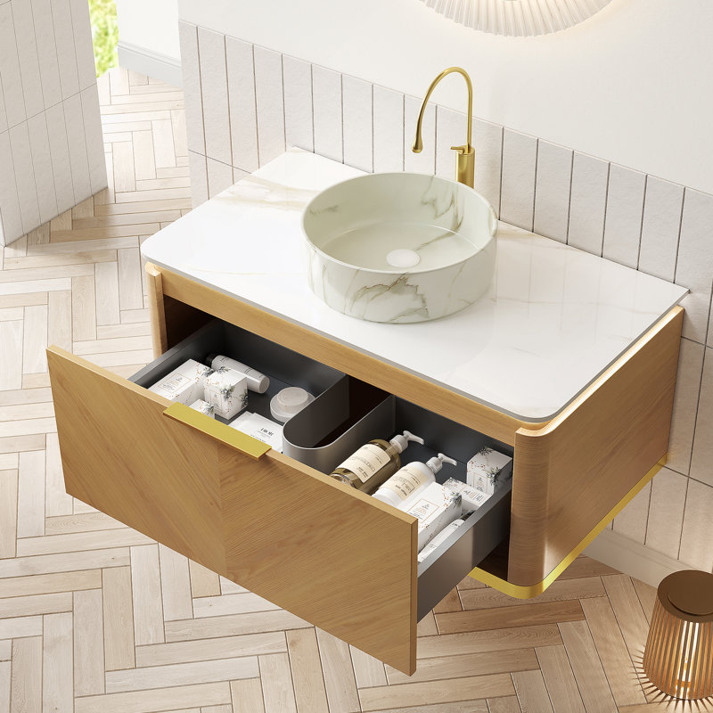 Meuble-lavabo 36 po, meuble de rangement flottant en contreplaqué, tiroir avec poignée et capteur de lumière, vasque en céramique blanche à motif de pierre et plateau en pierre frittée, pré-assemblé, grain de bois de chêne Corolla