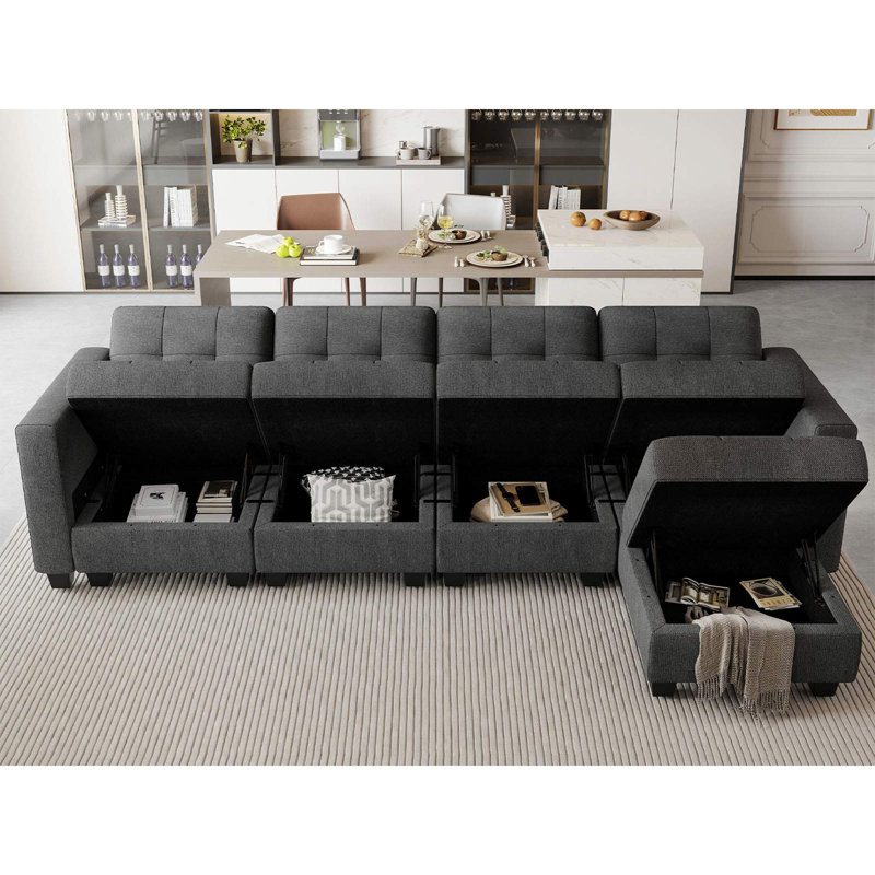 Ashbury Hunsicker 116.6'' W Shaped Variable Sectional Couch Module Polyester Blend Upholstered Storage Sofa, Gray Linen Blend