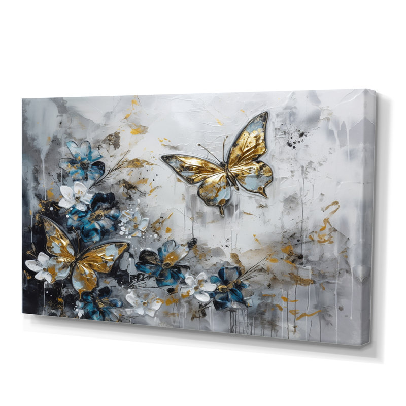 «Ryuko Golden Blue Butterfly Wings And Flowers III», art mural floral, H 12 po x l 20 po x P 1 po, Toile tendue