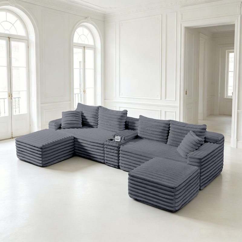 127" U-Shaped Compressed Boneless Sectional Sofa with Ottoman and Console,No Assembly Required, Gray