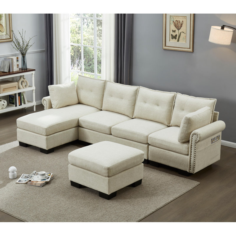 Canapé modulaire en L avec repose-pieds et canapé modulaire en L, Polyester beige