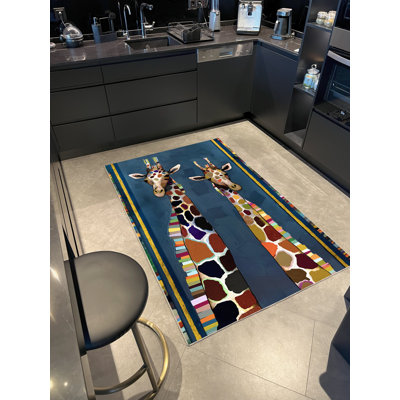 Tapis décoratif multicolore à motif de girafes bleues