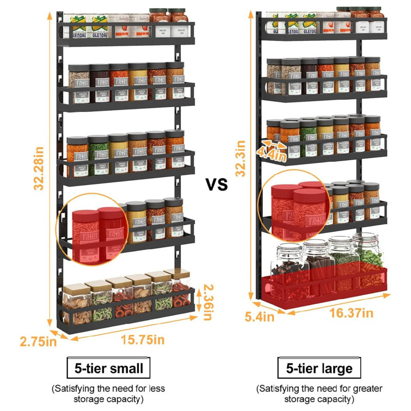 Petit support à épices mural à 5 niveaux, réglable en hauteur, compact et compact pour armoire de cuisine, noir