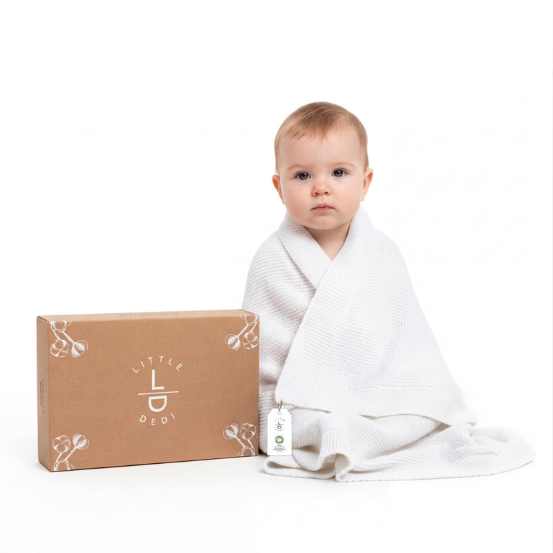 Couverture pour bébé en coton biologique Little Dedi 30 po x 40 po, blanc - Certifié GOTS, maille douce avec boîte-cadeau, couverture de chambre de bébé respirante pour lit de bébé et poussette, lavable à la machine