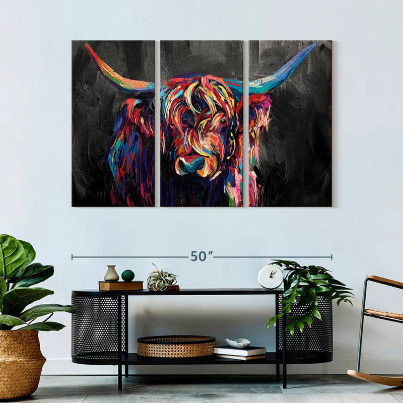 Highland Cow Highland Cow, ensemble de 3 pièces en acrylique sur toile, H 32 po x l 50 po x P 1,25 po