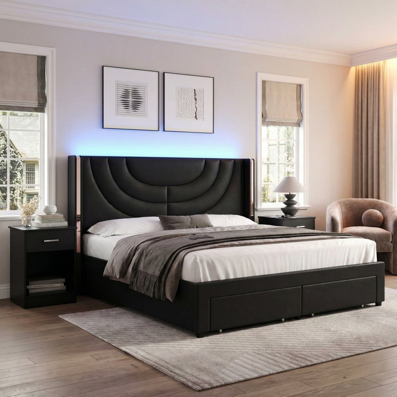 Ensemble de chambre à coucher 3 pièces, lit tapissier à lumière ambiante avec 2 tiroirs et 2 tables de chevet classiques