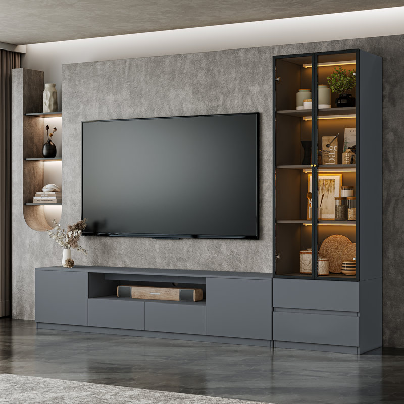Meuble TV Crafton Modern gris de 260 cm (102,4 po) avec étagères à 4 niveaux pour téléviseurs de 65/75/85 pouces, ensemble de rangement en bois pour salon comprenant une console multimédia, des étagères vitrées et un éclairage.