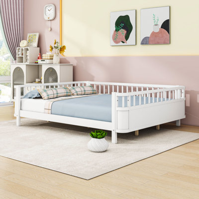 Queen Size Wood Platform Bed with Removable Side Rail and Rounded Corners