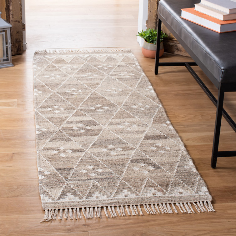 Natural Kilim Hand Woven Wool/Viscose/Cotton Geometric Rug in Natural Beige/Ivory