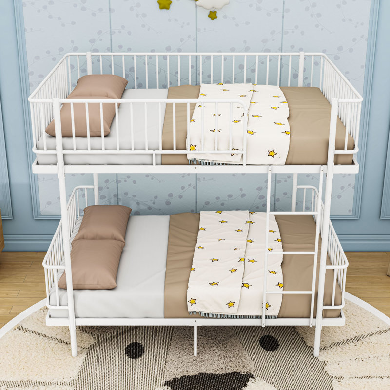 Metal Bunk Bed with 2 Ladders and Slats, Full Over Full, White
