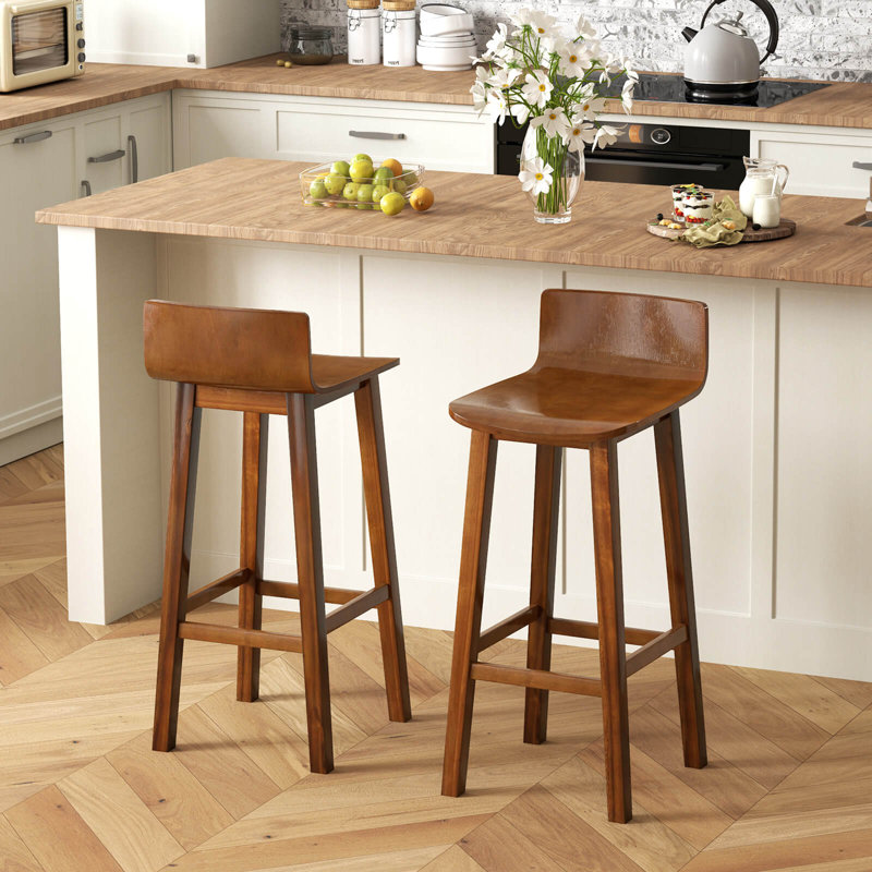 29" Wood Bar Stools With Solid Back & Seat Mid Century Bar Chairs, 4