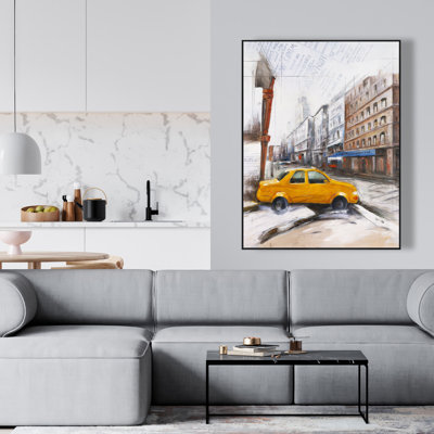 Taxi in the Street Sketch - Framed Canvas Home Decor