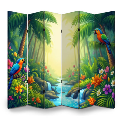 6 panneaux paravents pliables Paravents multicolores Jungle tropicale colorée Cascade d'écrans Toile Séparateur de pièce Paravent de protection autoportant Cloison d'intimité