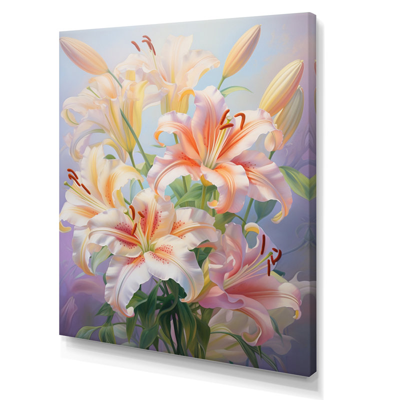 Pink Yellow Lilies Romantic Impression " Pink Yellow Lilies Romantic Impression ", 32" H x 16" W x 1" D, Wrapped Canvas