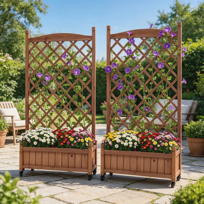 Raised Garden Bed with Trellis Set of 2, Wooden Planter Boxes for Climbing Vegetables & Flowers