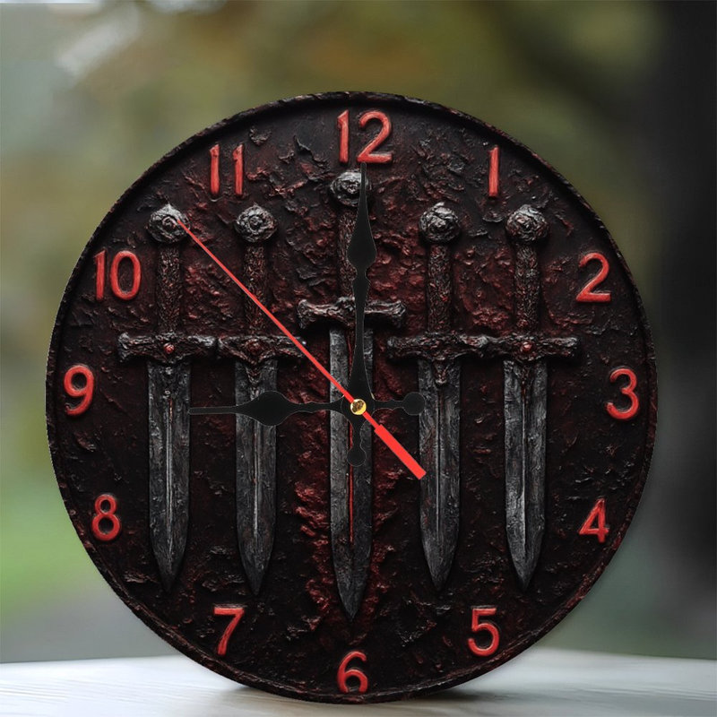 Horloge avec épées et chiffres rouges