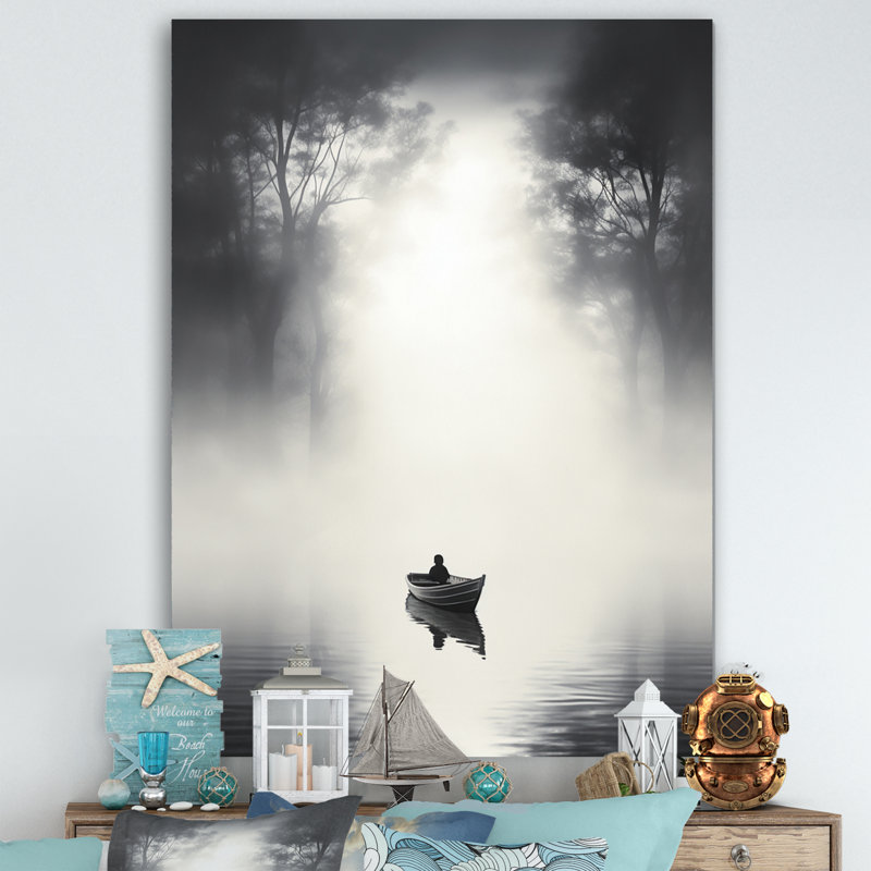 «Solitaire Fisher Boat Misty Lake» sur toile, H 32 po x l 24 po x P 1 po, Toile tendue