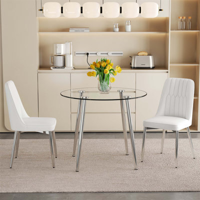 Ensemble de table de salle à manger de luxe moderne en verre de 36 pouces de diamètre avec chaises en métal argenté et 2 chaises rembourrées en polyuréthane blanc