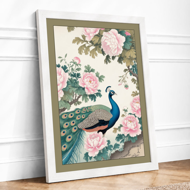 Peacock Among Roses Japandi - Framed Print, A1 - 84.1 x 59.4 cm, White
